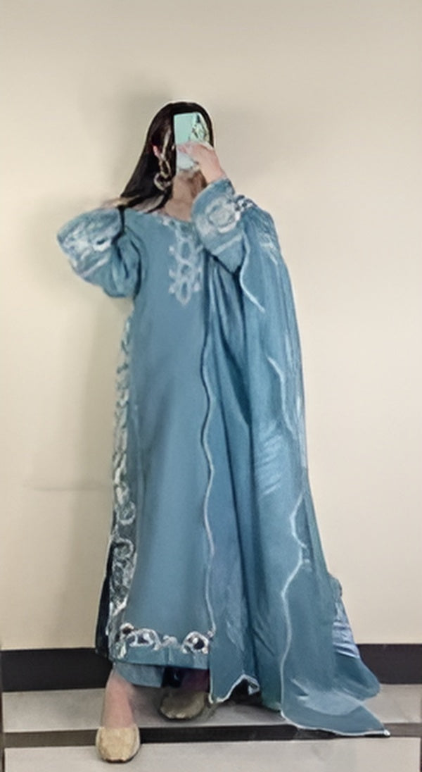 Columbia Blue Cutwork ombre- net kurta 3 piece stitched