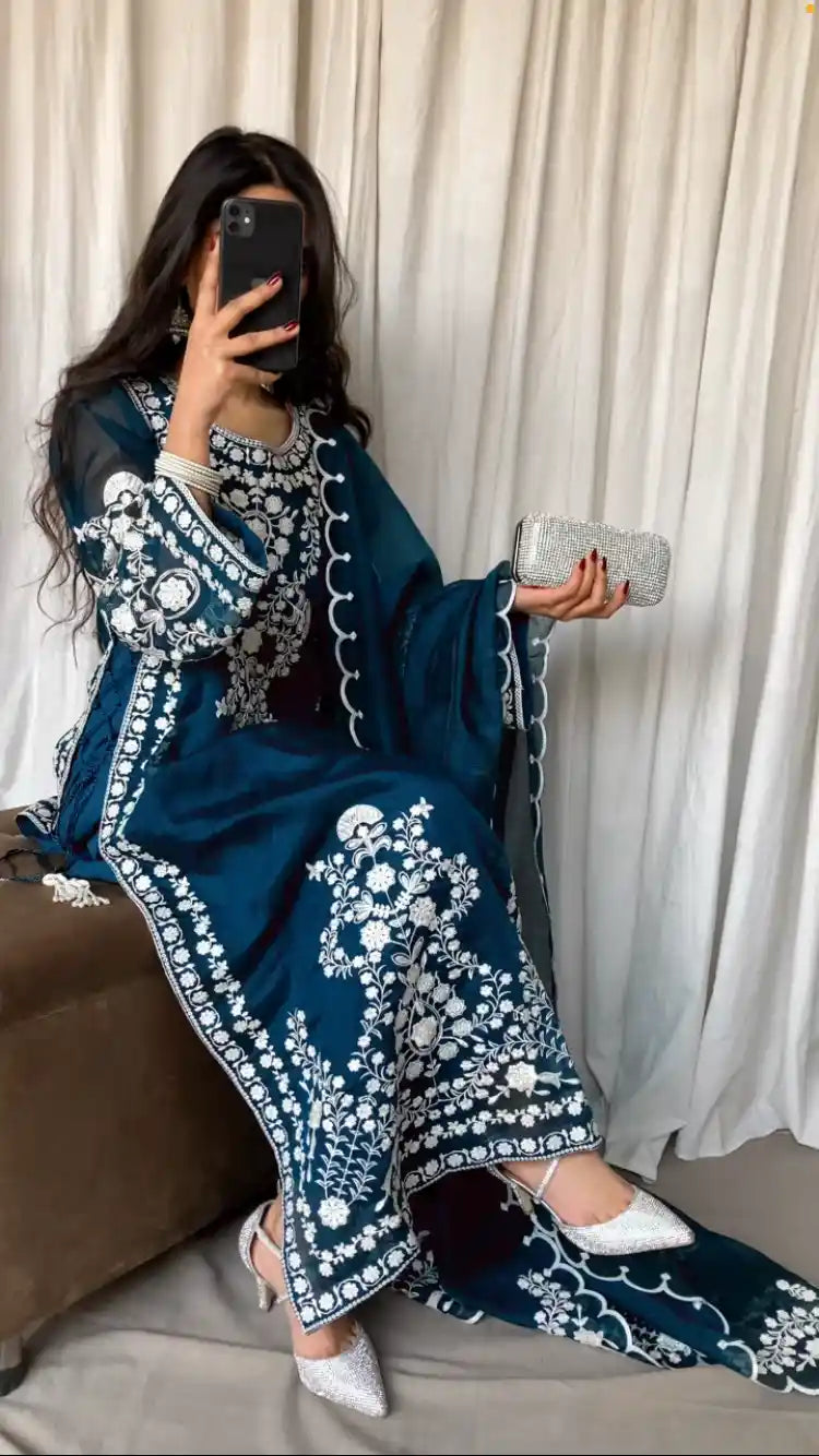 Blue Net Dress with Floral Accents 3 Piece Stitched