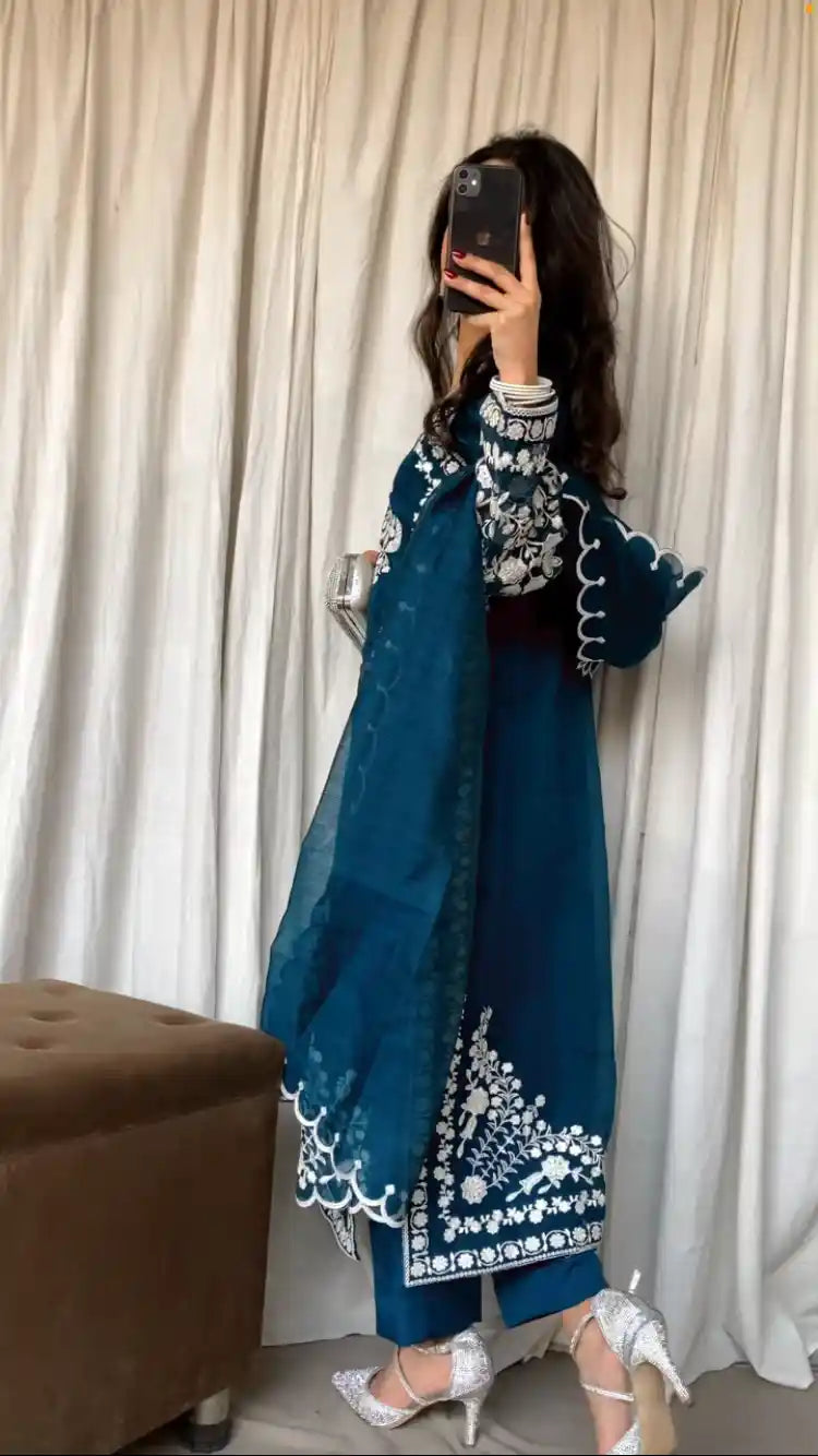 Blue Net Dress with Floral Accents 3 Piece Unstitched