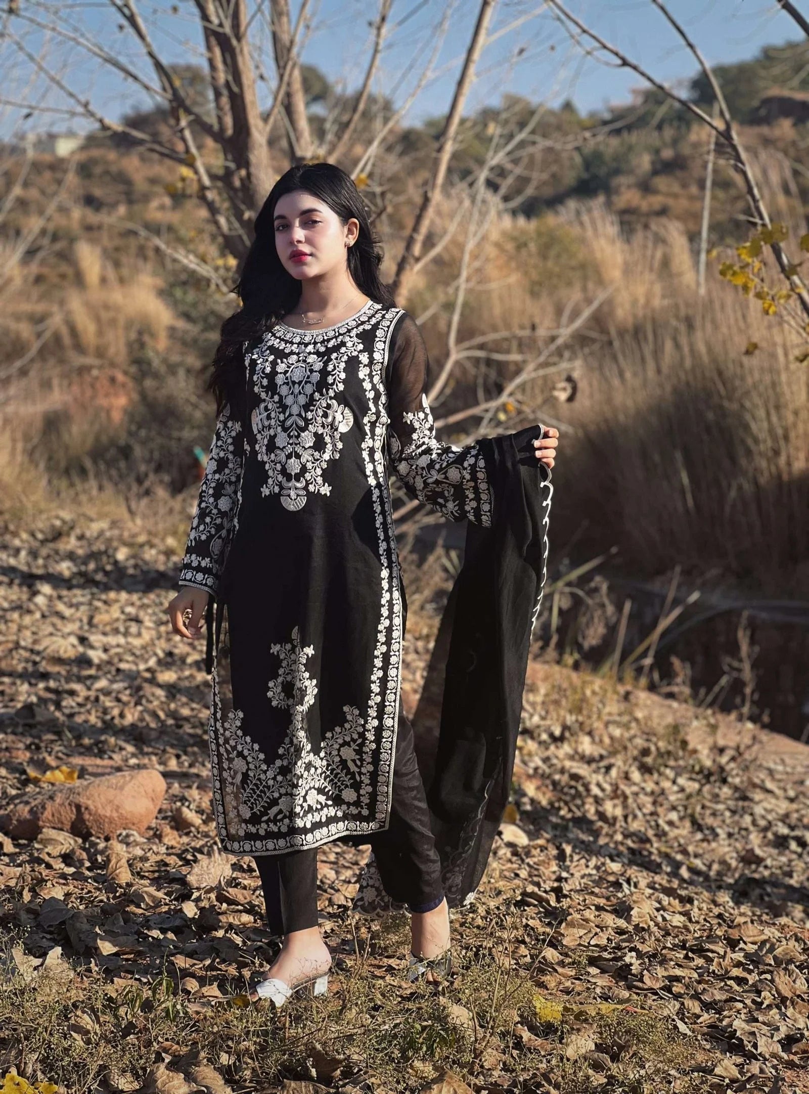 Black Net Dress with Floral Accents Unstitched