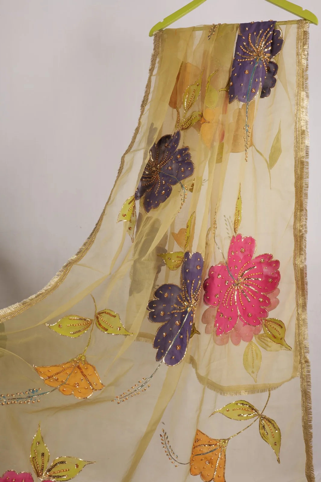 Hand-Painted Organza Dupatta with Embellished Work