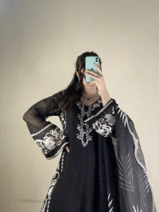 Black Cutwork ombre-silk net kurta 3 piece unstitched