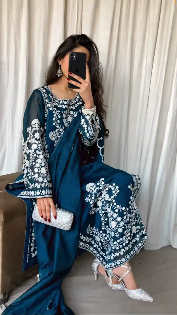 Blue Net Dress with Floral Accents 3 Piece Unstitched