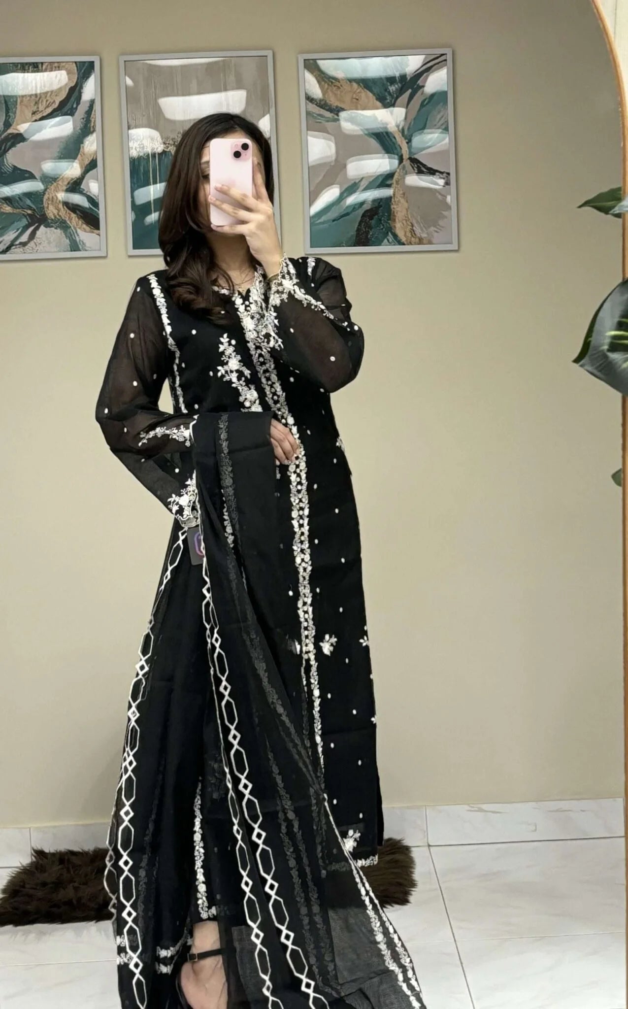 Black Pure Cotton Lama Net Fabric 3 piece Stitched