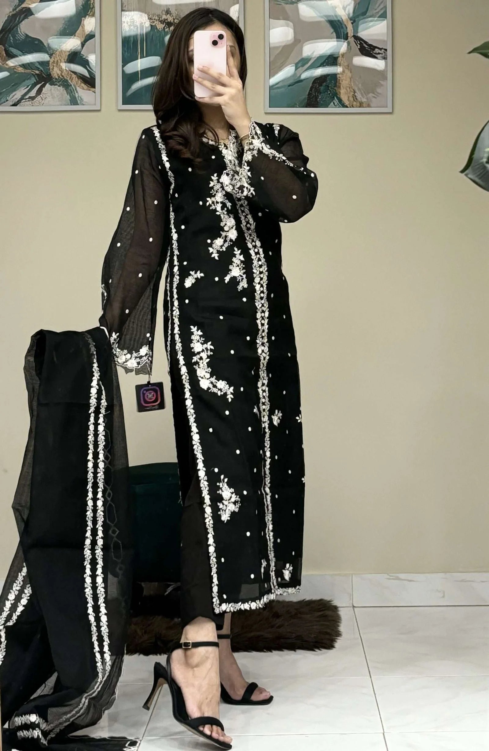 Black Pure Cotton Lama Net Fabric 3 piece Stitched