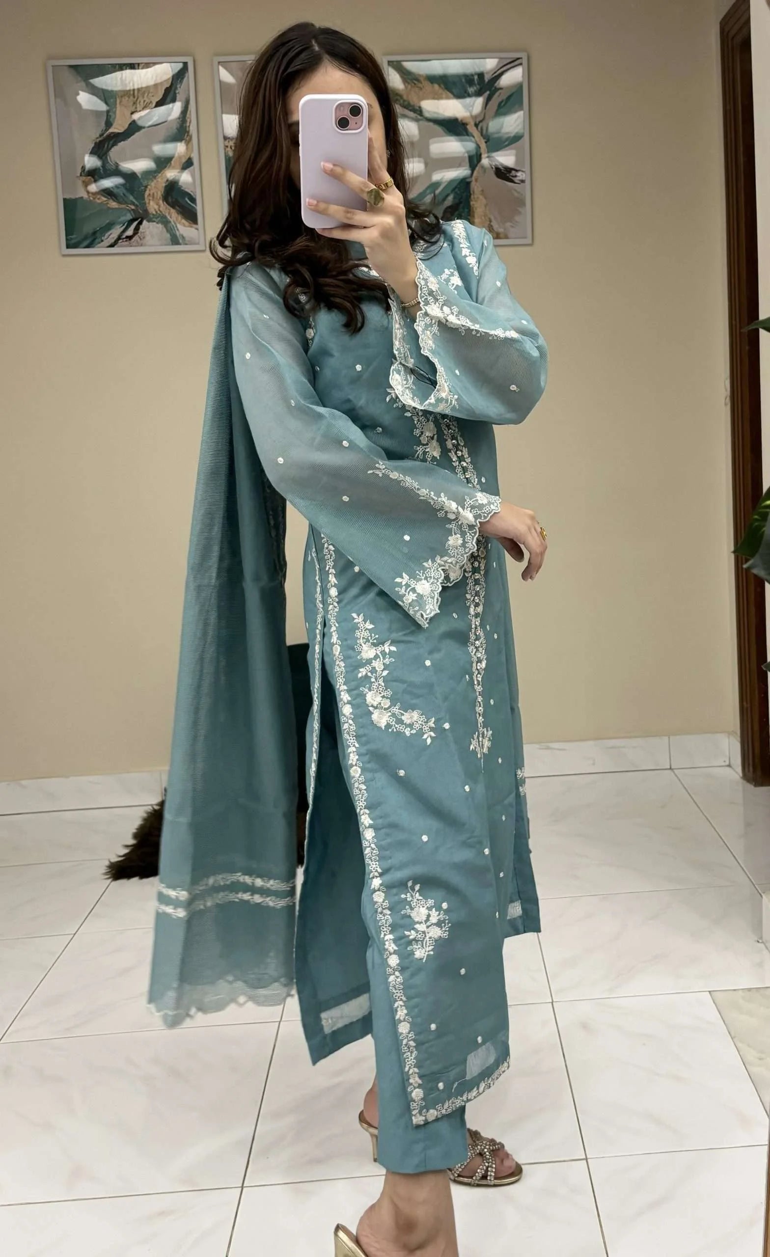 Baby Blue Pure Cotton Lama Net Fabric 3 piece Stitched