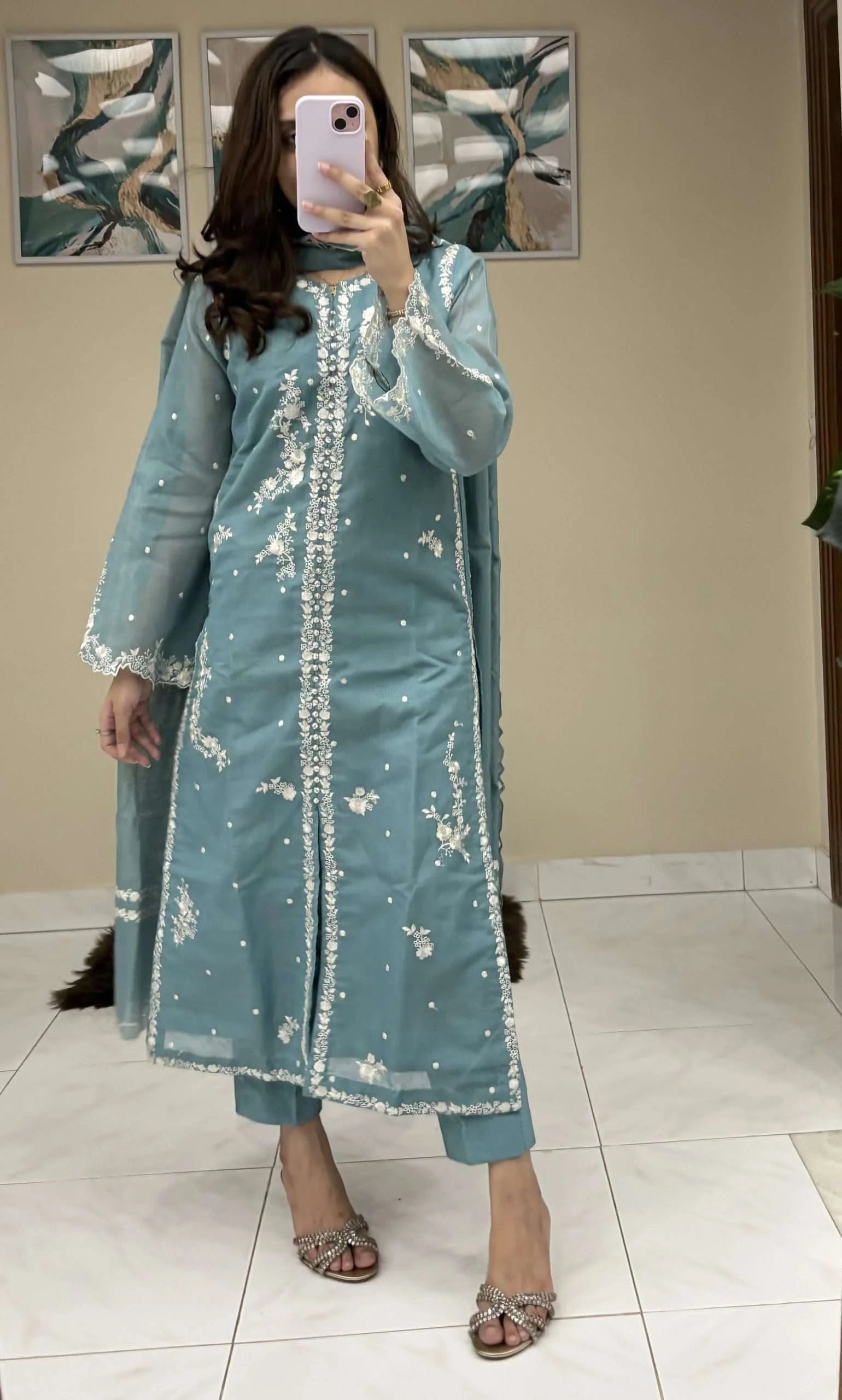 Baby Blue Pure Cotton Lama Net Fabric 3 piece Stitched