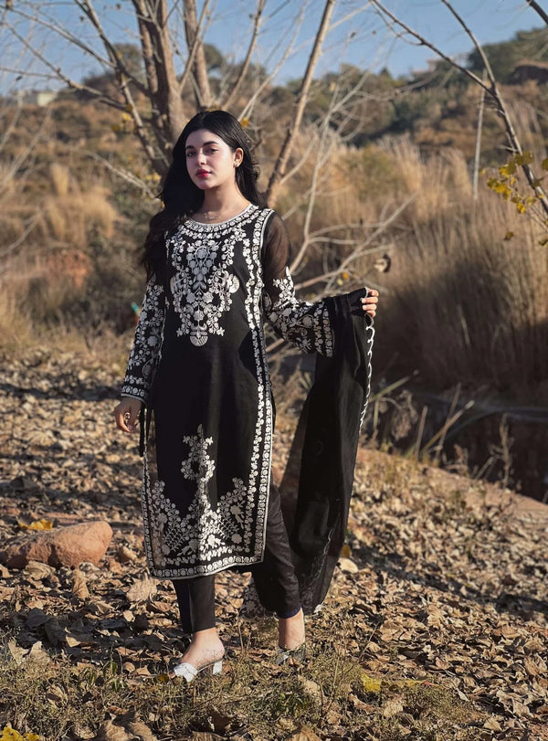 Black Net Dress with Floral Accents Unstitched