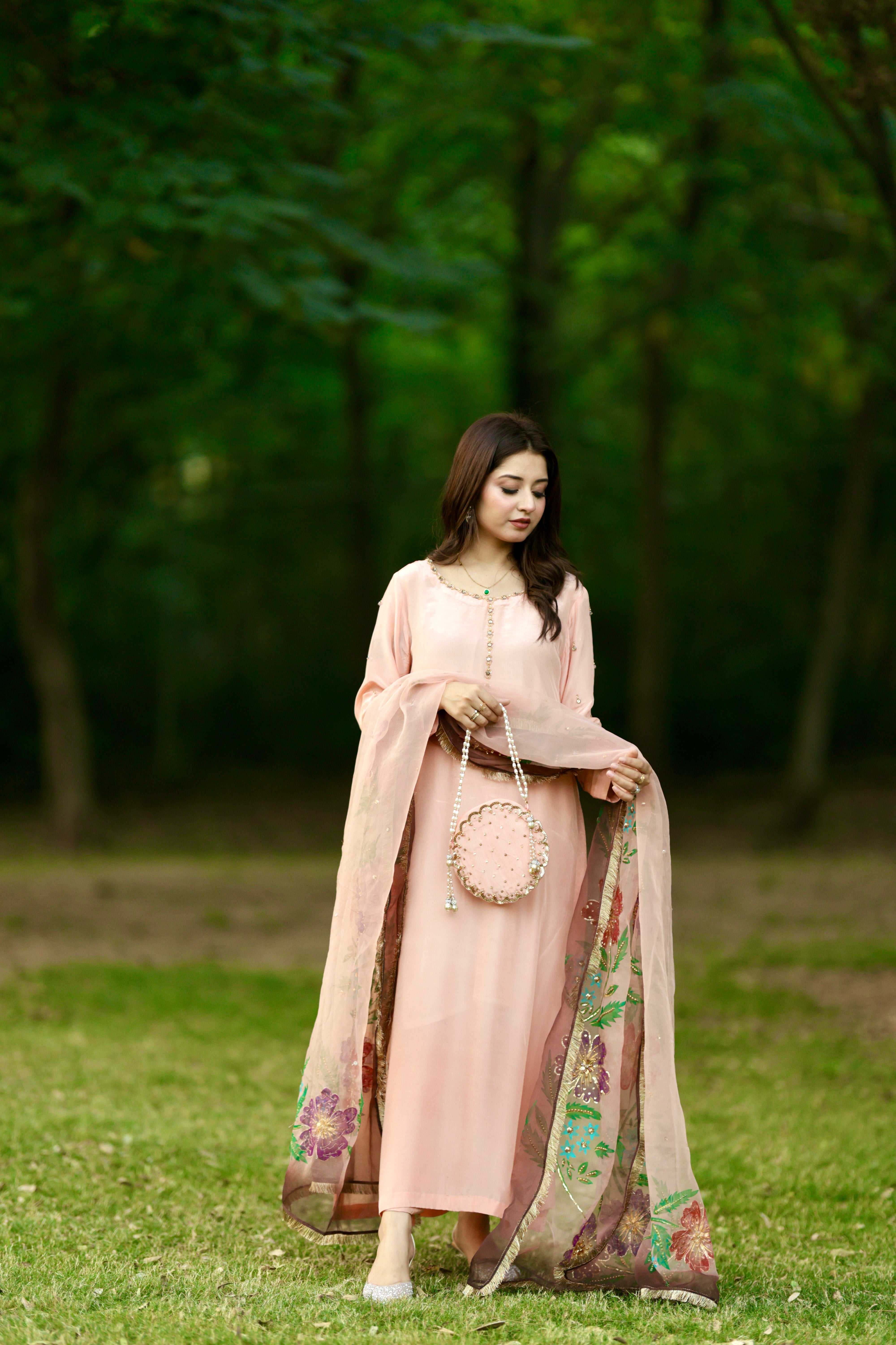 RJF054 Stitched Peach 3pc with potli