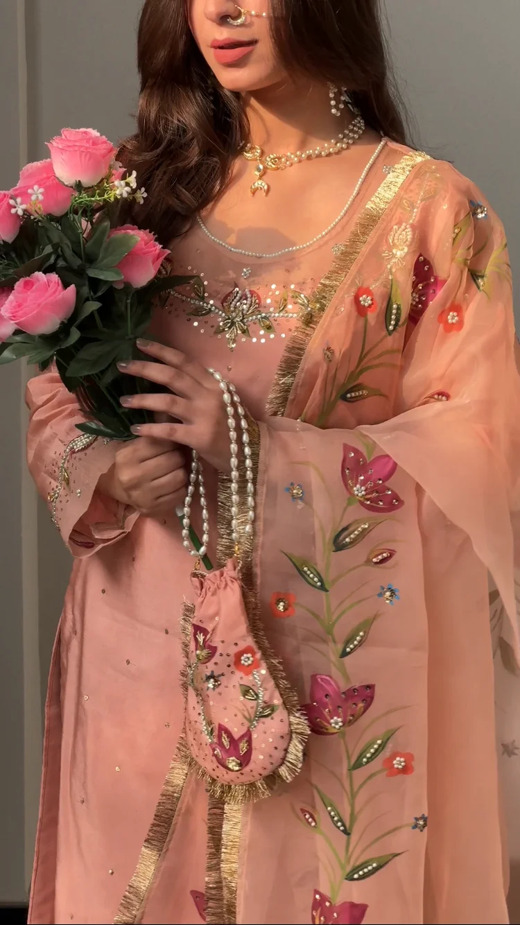 Peach Handpaint Dress Potli Stitched