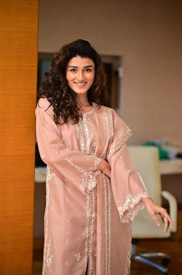 Tea Pink Khaadi Net Three-Piece Suit Stitched