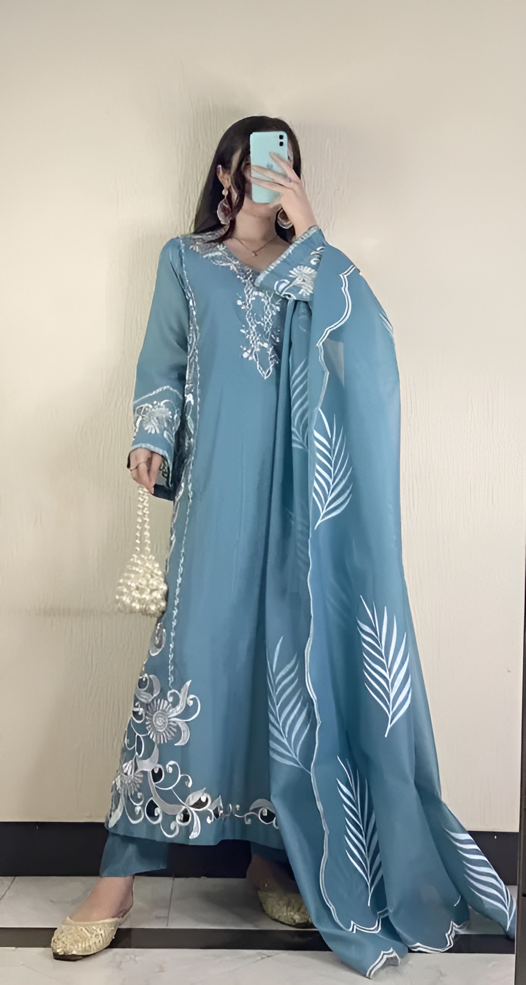 Columbia Blue Cutwork ombre- net kurta 3 piece stitched